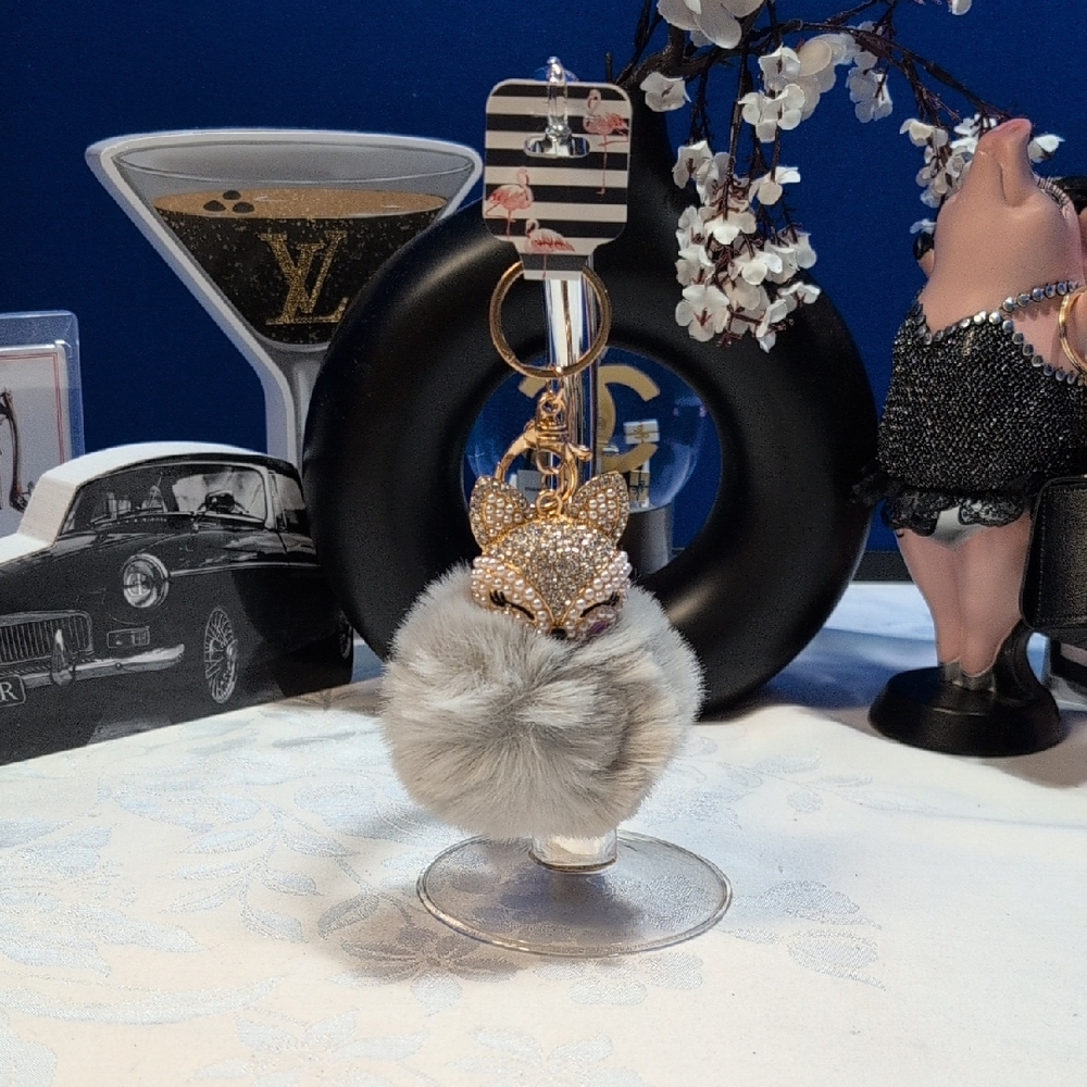 Bag charm/ Keyring -Elegant Gray Fox With Crystals, Faux Pearls And Fur